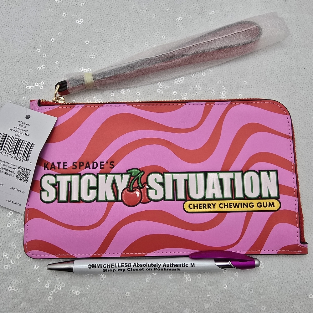 Kate Spade Bubble Gum Medium L Zip Wristlet Sticky Situation Cherry Pink